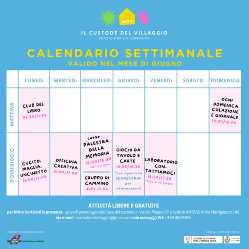 Calendario settimanale Il custode del Villaggio - GIUGNO 2025