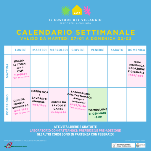 Calendario settimanale Il custode del Villaggio - GENNAIO 2025