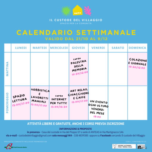 Calendario settimanale Il custode del Villaggio