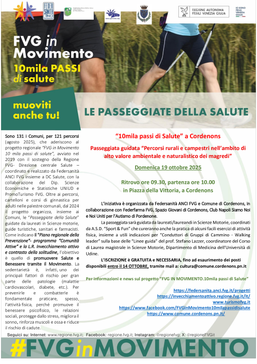 10mila passi di Salute a Cordenons Passeggiata guidata Percorsi rurali e campestri nell’ambito di alto valore ambientale e naturalistico dei magredi