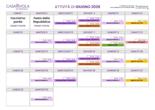 Calendario Casa Viola Giugno 2026
