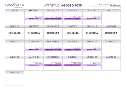 Calendario Casa Viola Agosto 2026