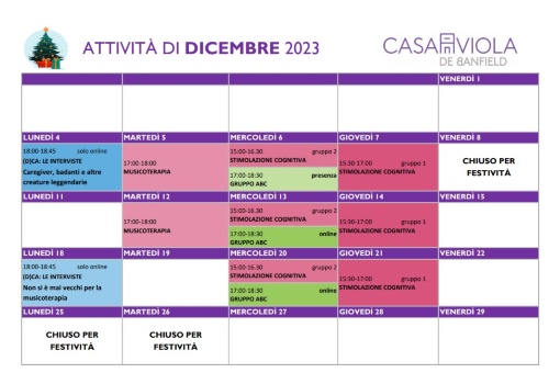 Calendario Casa Viola Dicembre 2023