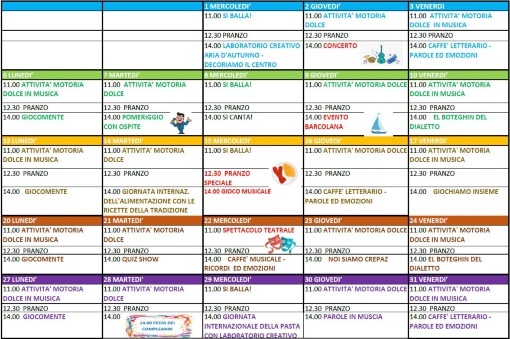 calendario attività mese di ottobre presso il Centro Servizi Crepaz - via Valdirivo 11 -  Trieste