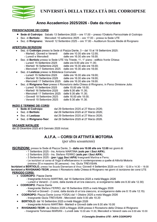 ANNO ACCADEMICO 2025 - 2026: DATE DA RICORDARE