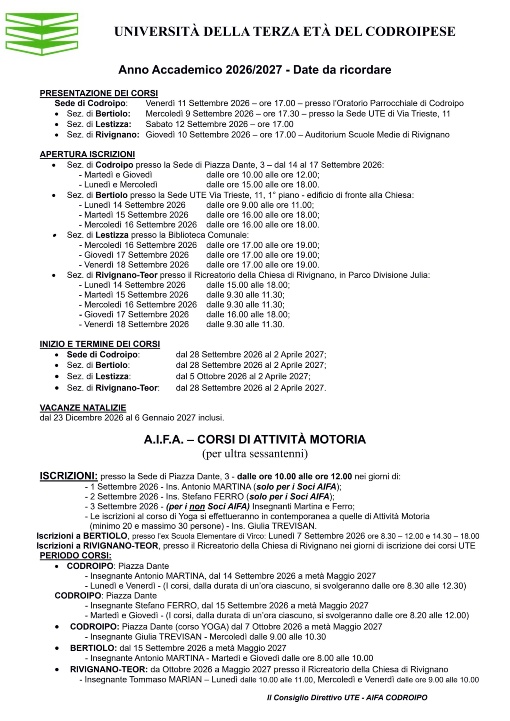 ANNO ACCADEMICO 2026 - 2027: DATE DA RICORDARE