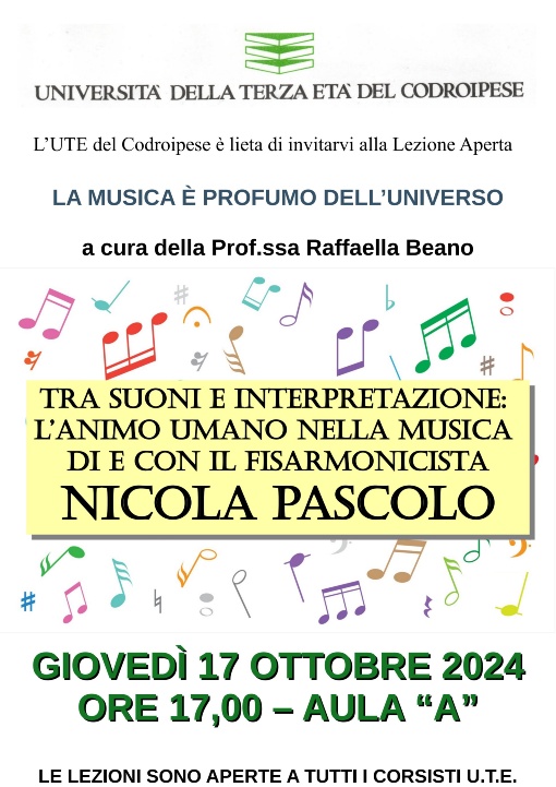 LEZIONI APERTE 17 OTTOBRE 2024 - LA MUSICA E' PROFUMO DELL'UNIVERSO CON IL FISARMONICISTA NICOLA PASCOLO