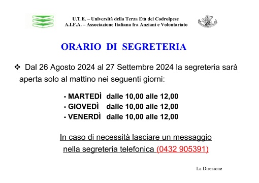 Orari Segreteria 26 Agosto 2024 / 27 Settembre 2024