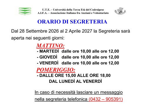 Lunedì 28 Settembre 2026 inizia l'Anno Accademico 2026-2027 e, pertanto, la Segreteria avrà i seguenti orari: