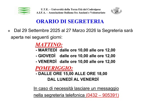 Orari Segreteria 29 Settembre 2025 / 28 Marzo 2026