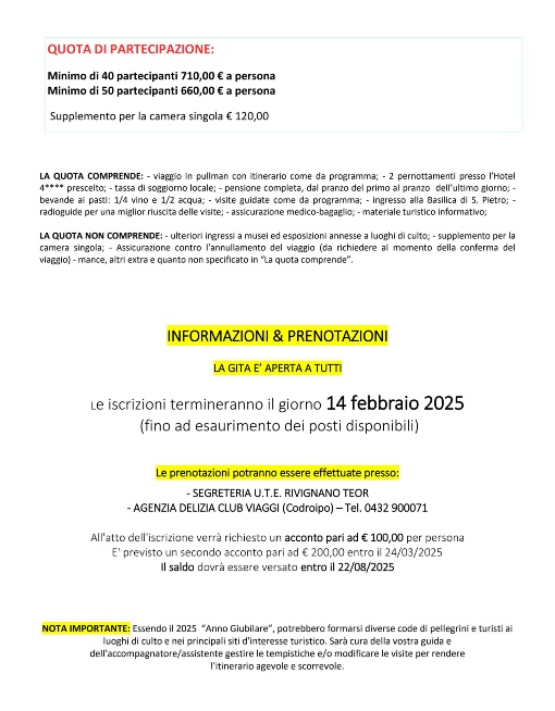 Gita a Roma in occasione del Giubileo 2025 dal 23 al 25 Settembre 2025 - Prenotazioni entro il 14 Febbraio 2025