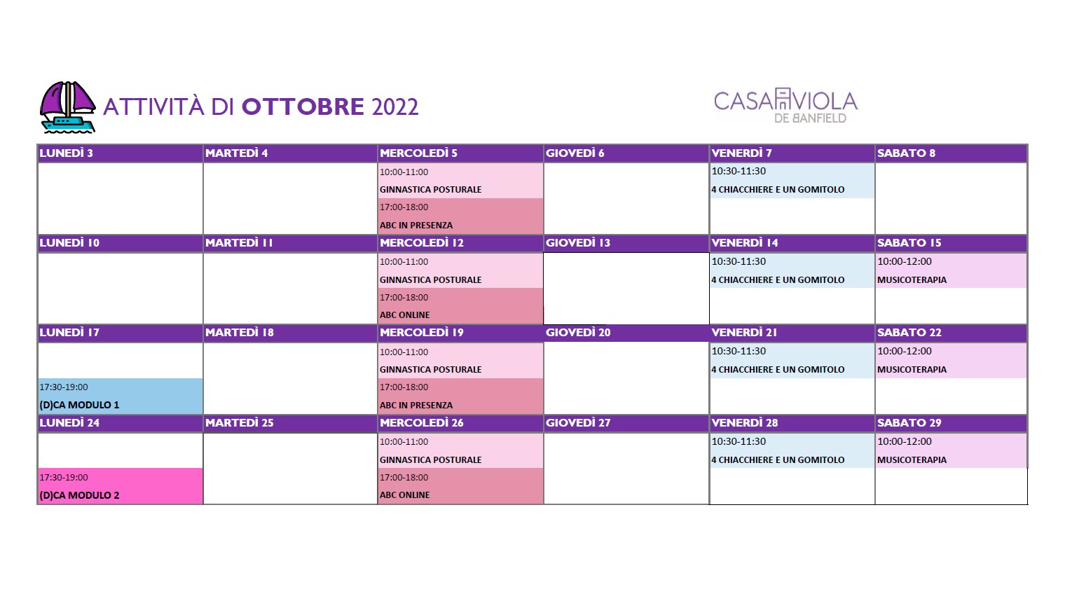 Calendario Casa Viola Ottobre